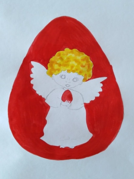 Раскрашиваем часть деталей гуашью: фон-яйцо, верхнюю часть Ангелочка.